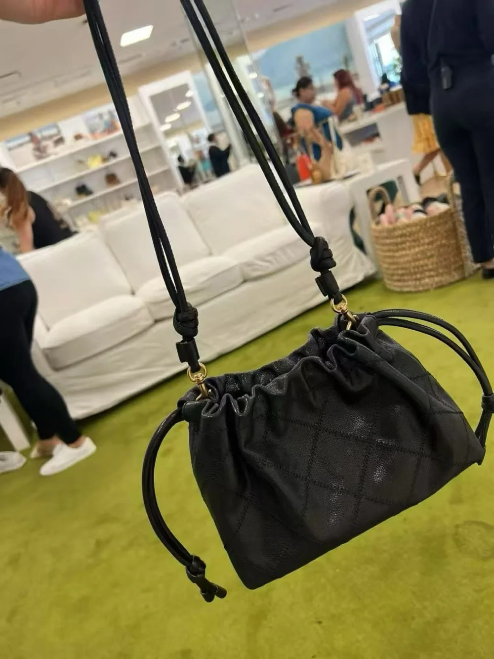 NWT Tory Burch Black Quilted Drawstring Mini Crossbody with Gold Logo